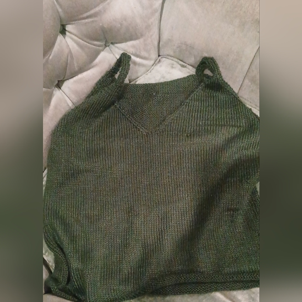 Hand-Knit Forest Green Minimalist Cami Crop Top - Caron Acrylic - Size S